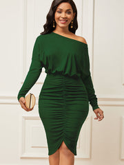 One Shoulder Batwing Long Sleeve Ruched Midi Dresses Newgew