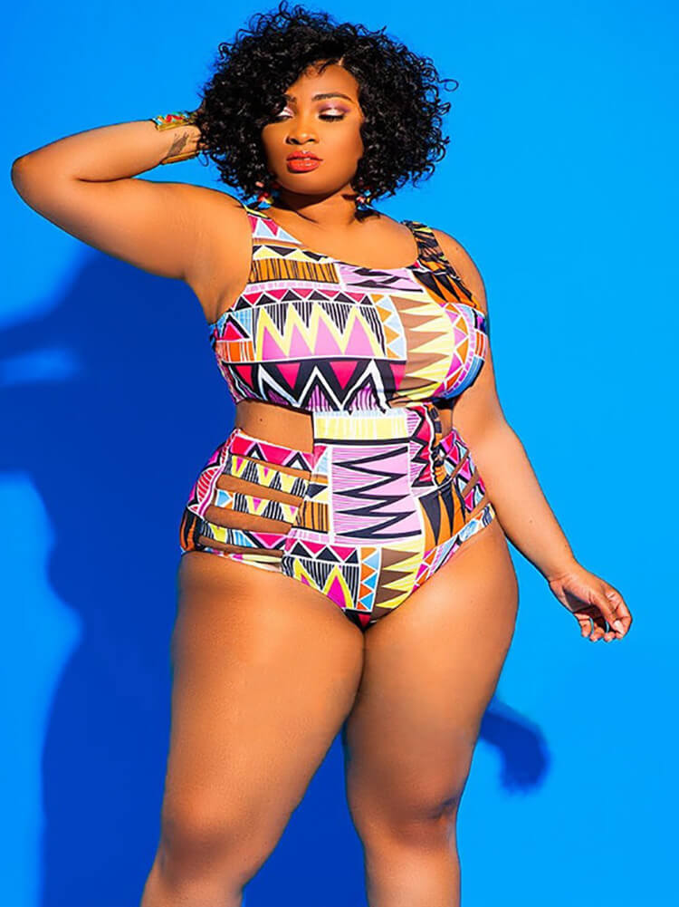 One Piece Hollow Out Geometric Print Swimsuit Newgew