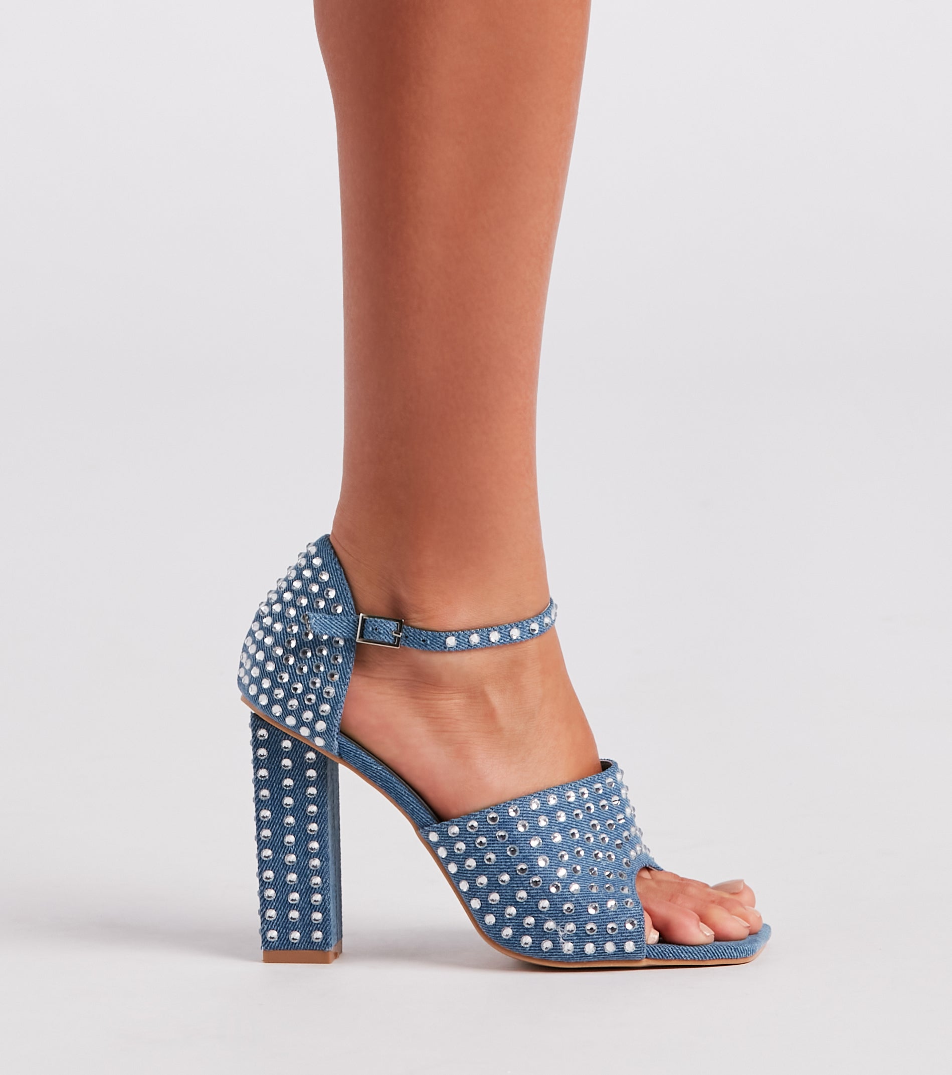 Trendy Diva Rhinestone Denim Block Heels Newgew