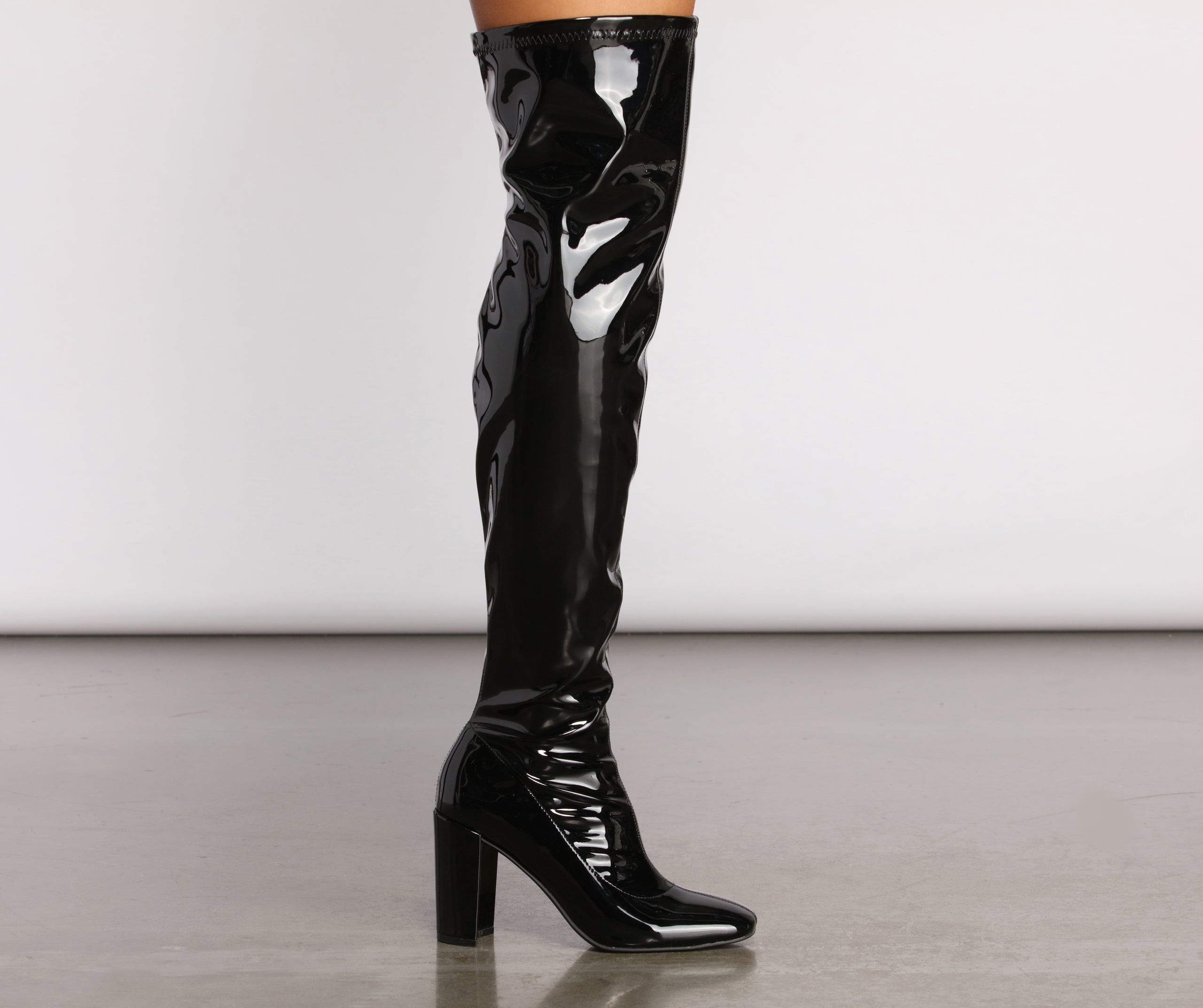 Patent Faux Leather Thigh-High Heeled Boots Newgew