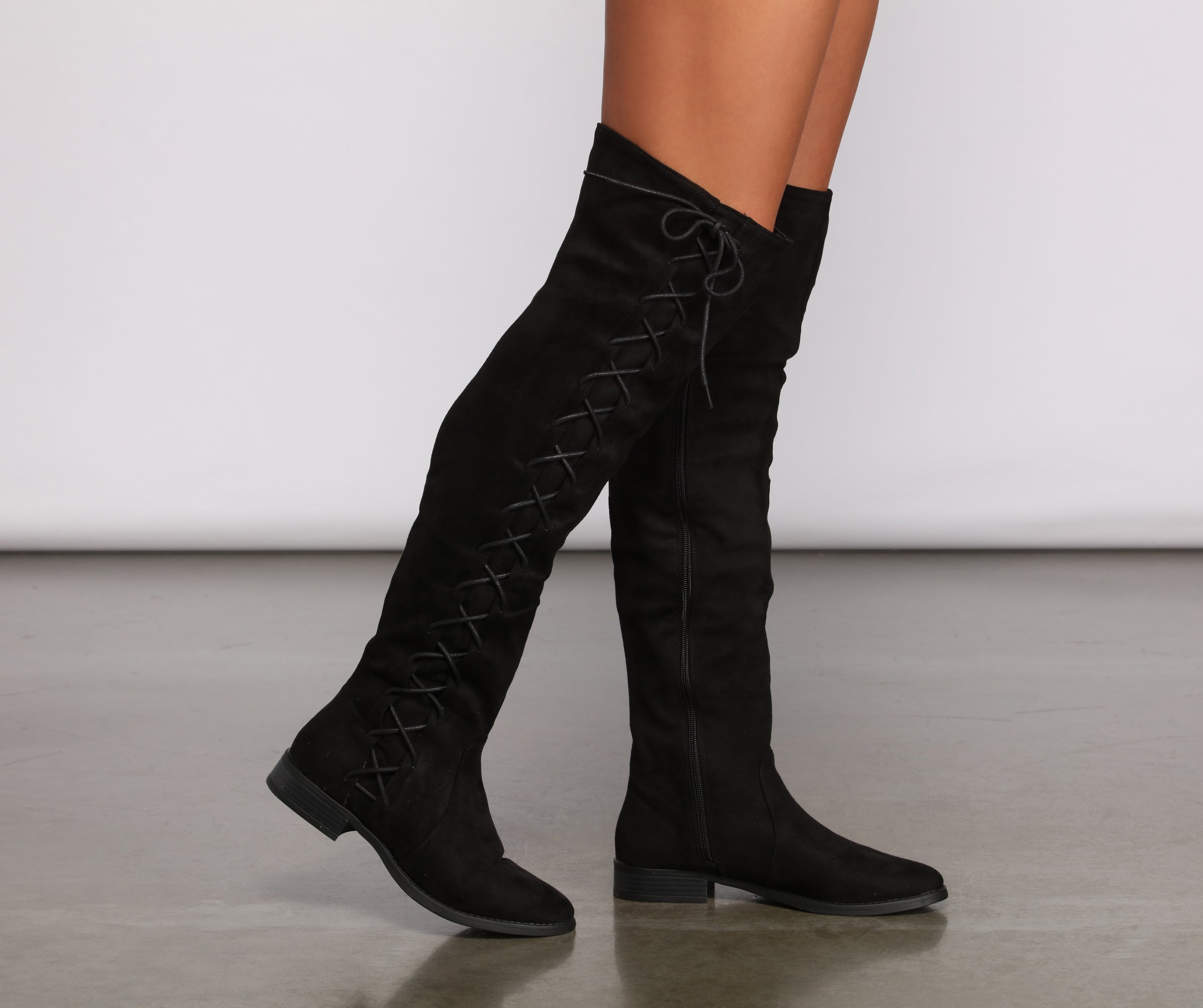 Faux Suede Lace-Up Over-The-Knee Boots Newgew