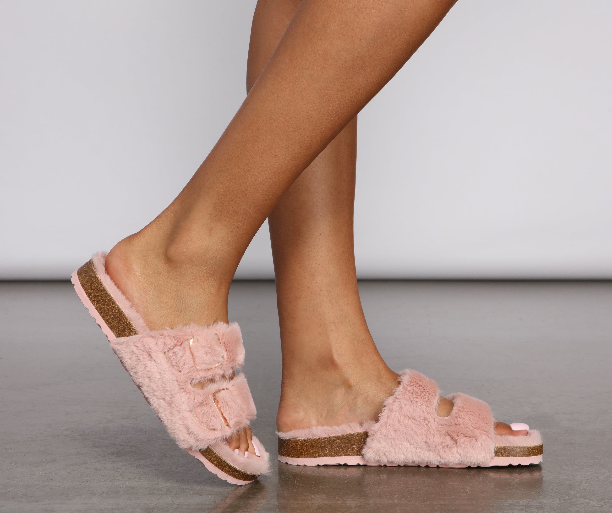 Double Buckle Faux Fur Slippers Newgew