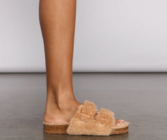 Double Buckle Faux Fur Slippers Newgew