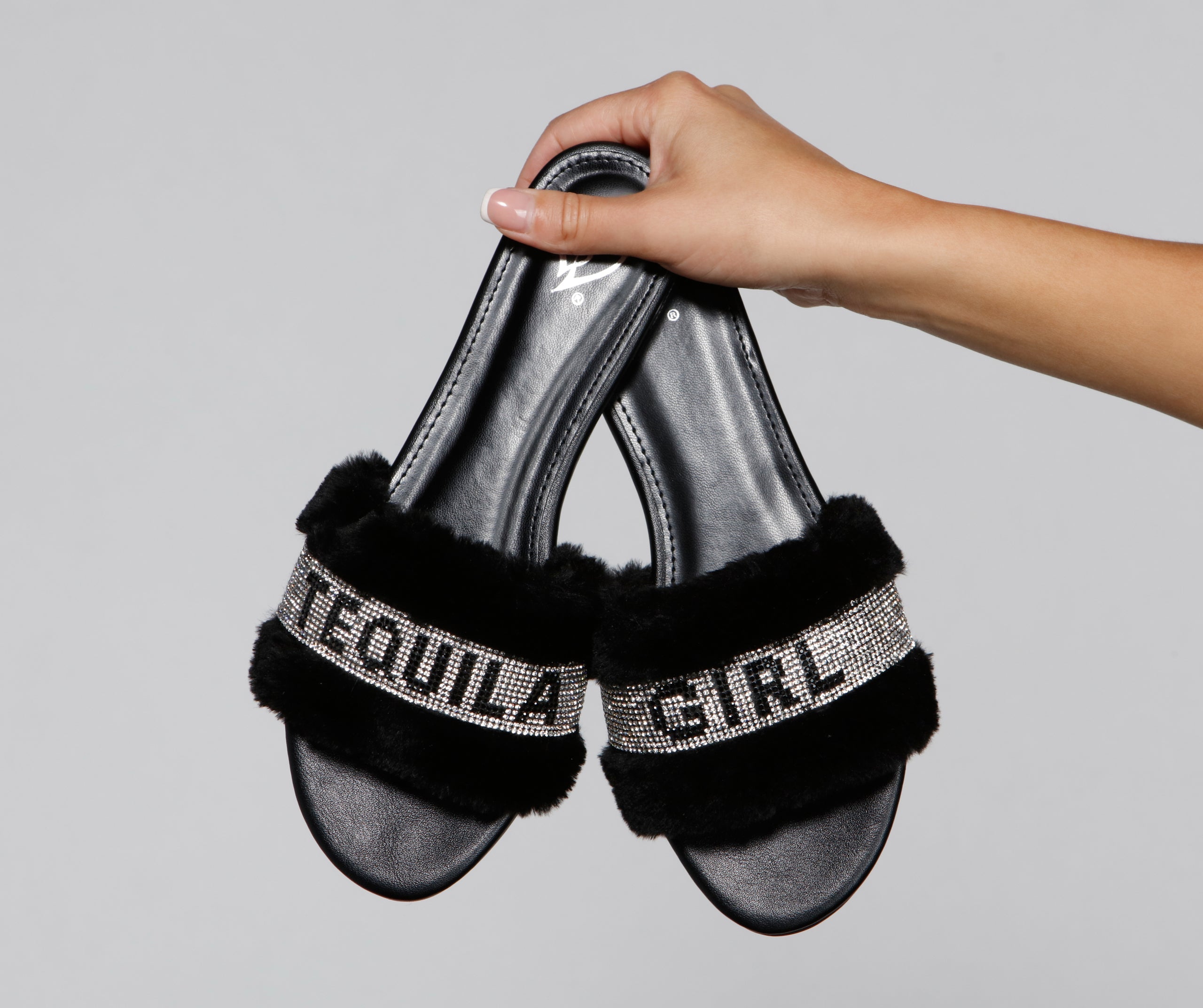 Rhinestone Tequila Girl Fluffy Slide Sandals Newgew