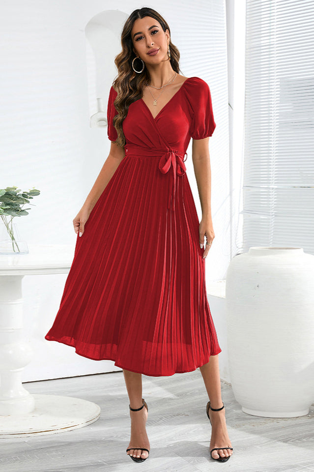 V-Neck Pleated Tie-Waist Midi Dress Newgew