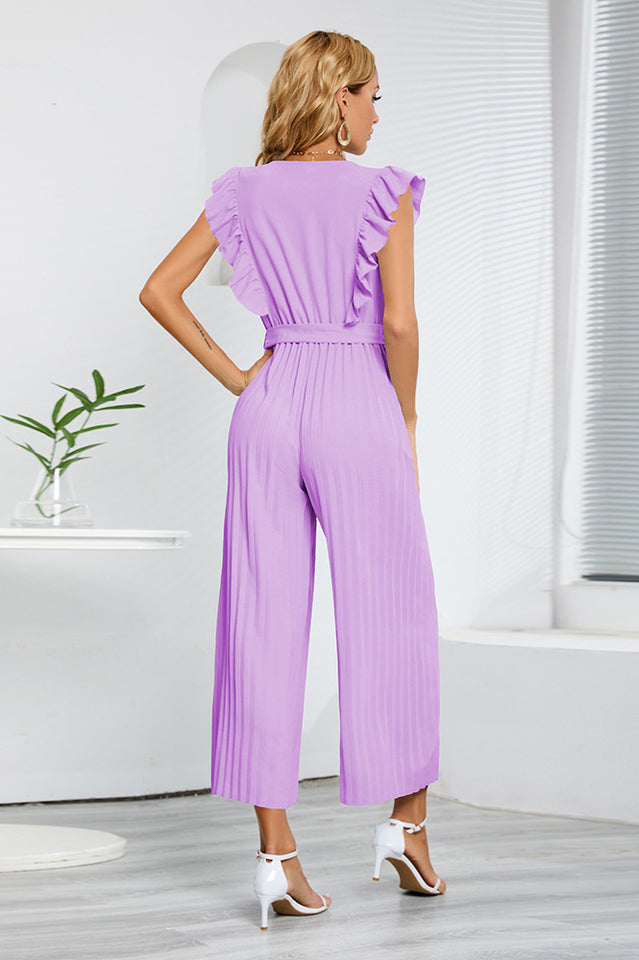 V-Neck Pleats Belted Jumpsuit Newgew