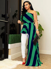 One Shoulder  Stripe High Low Hem Maxi Dresses Newgew