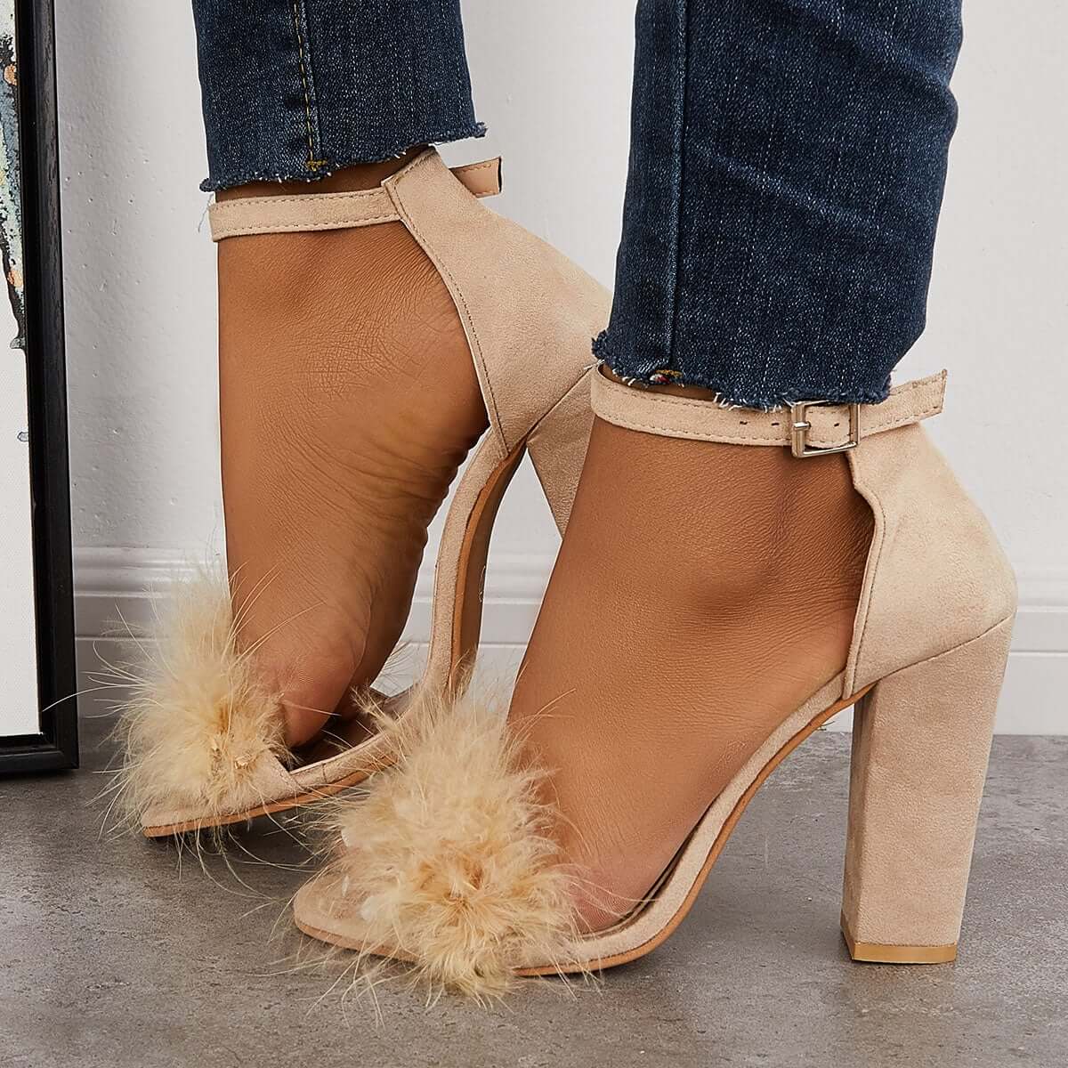 Fluffy Chunky Block High Heel Sandals Ankle Strap Dress Pumps Pairmore