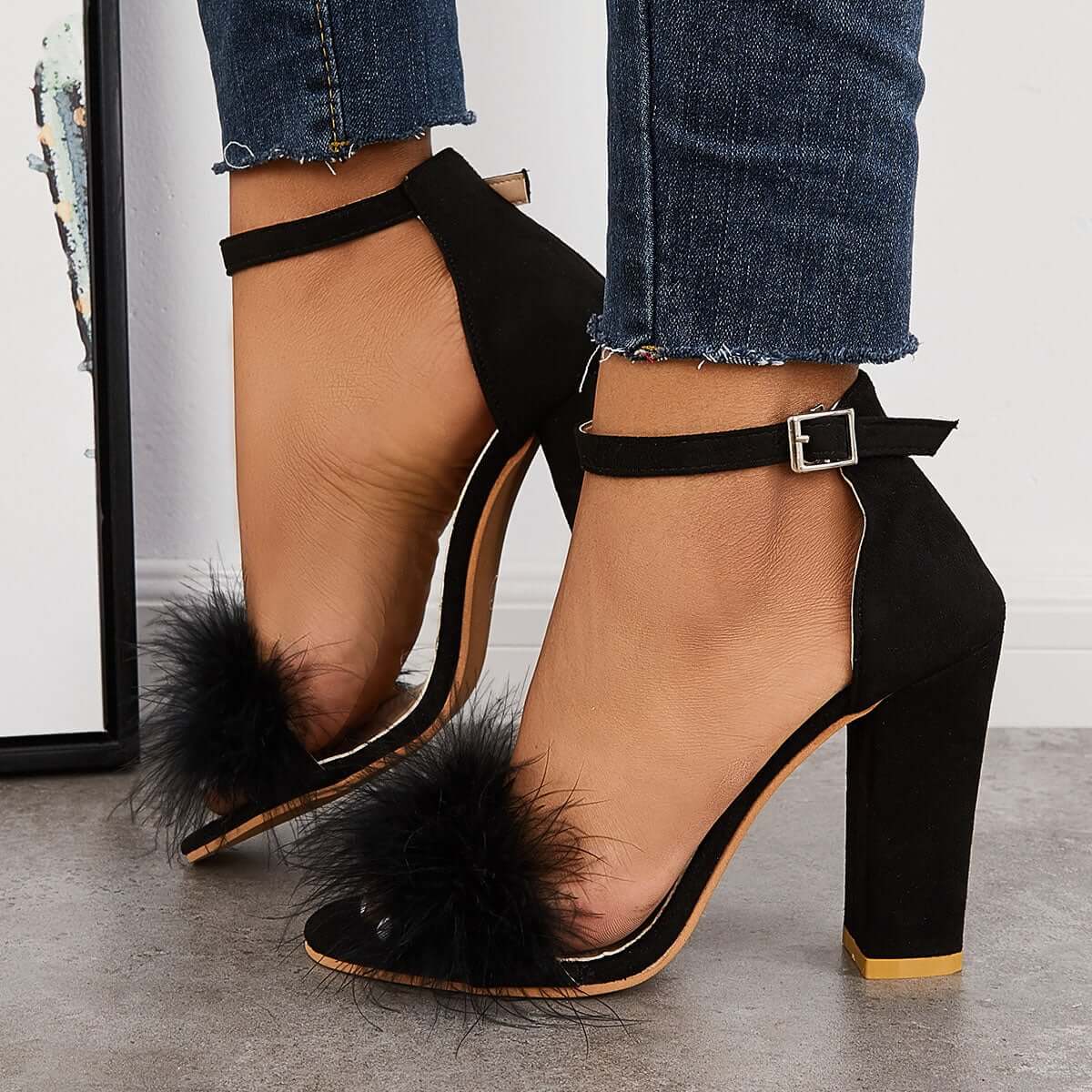 Fluffy Chunky Block High Heel Sandals Ankle Strap Dress Pumps Pairmore