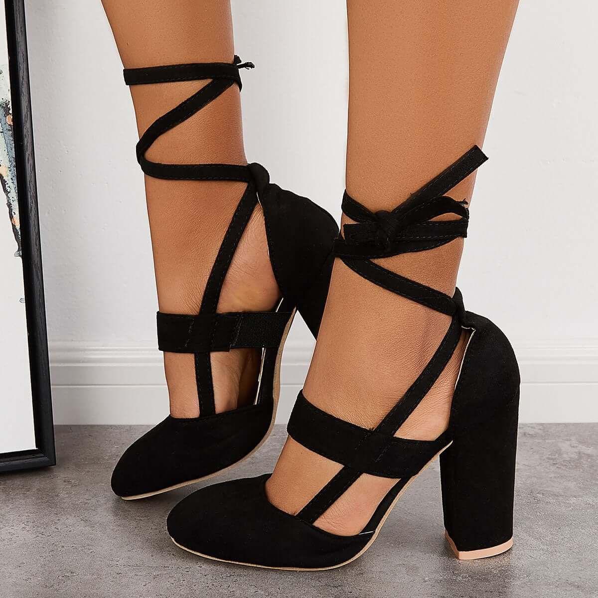Chunky Block High Heels Lace Up Dress Sandals Ankle Strappy Pumps Pairmore