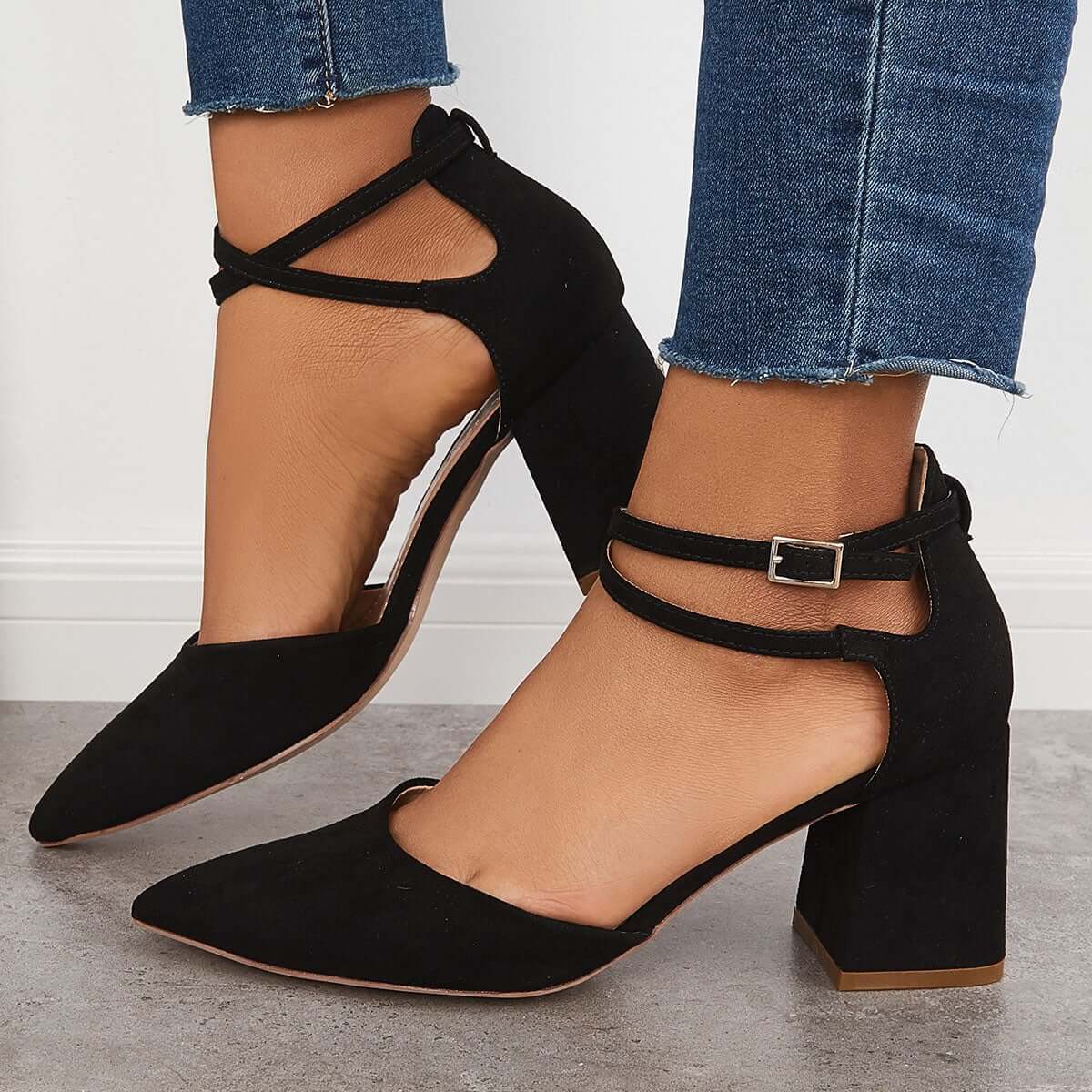 Chunky Block Low Heel Pumps Pointed Toe Ankle Strap Heels Pairmore