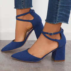 Chunky Block Low Heel Pumps Pointed Toe Ankle Strap Heels Pairmore