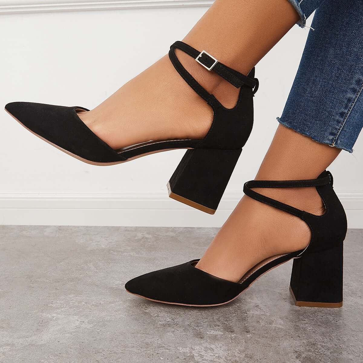 Chunky Block Low Heel Pumps Pointed Toe Ankle Strap Heels Pairmore