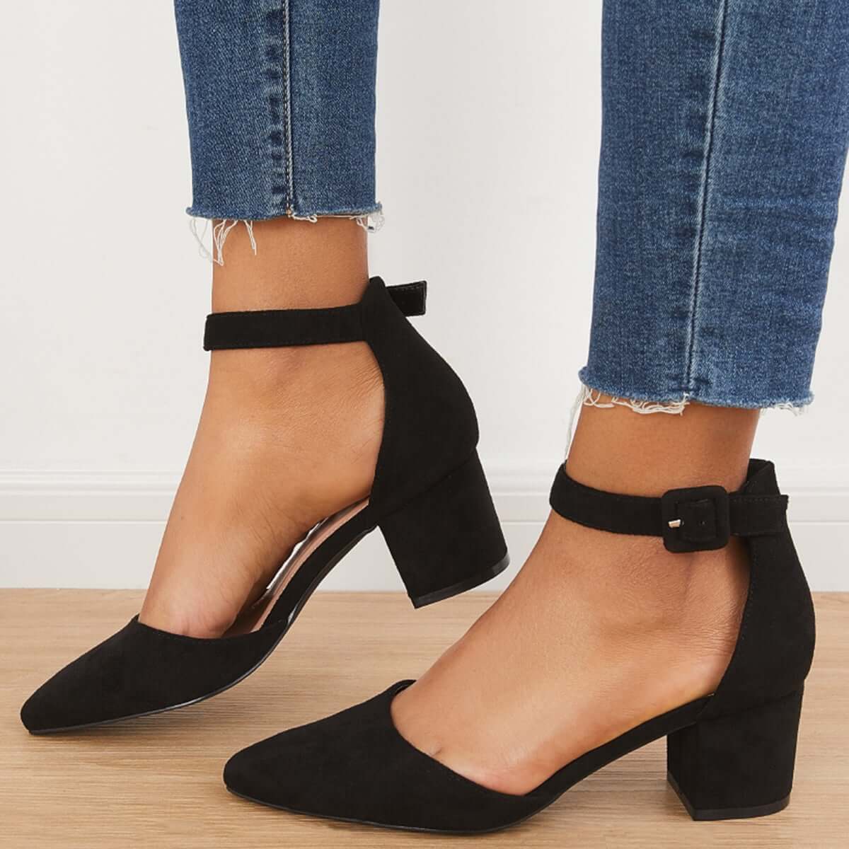 Petite Black Suede Ankle Strap Mid Heel - by Pretty Small Shoes