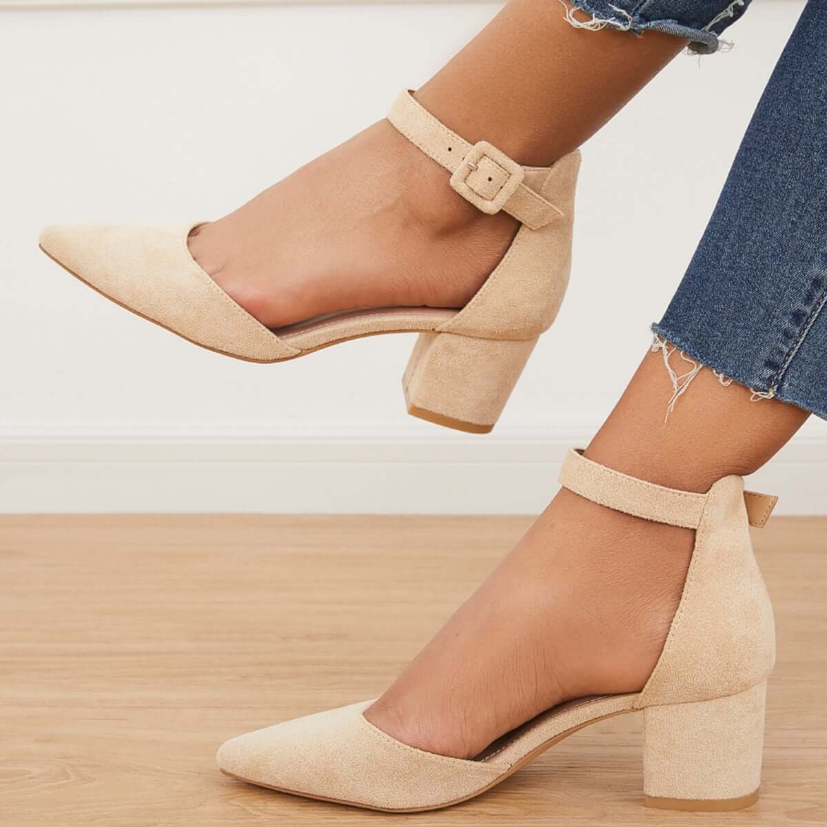 Low Chunky Block Heel Pumps Pointed Toe Ankle Strap Heels Pairmore
