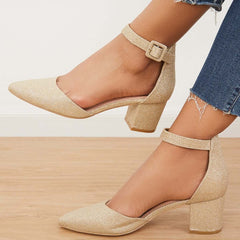 Low Chunky Block Heel Pumps Pointed Toe Ankle Strap Heels Pairmore