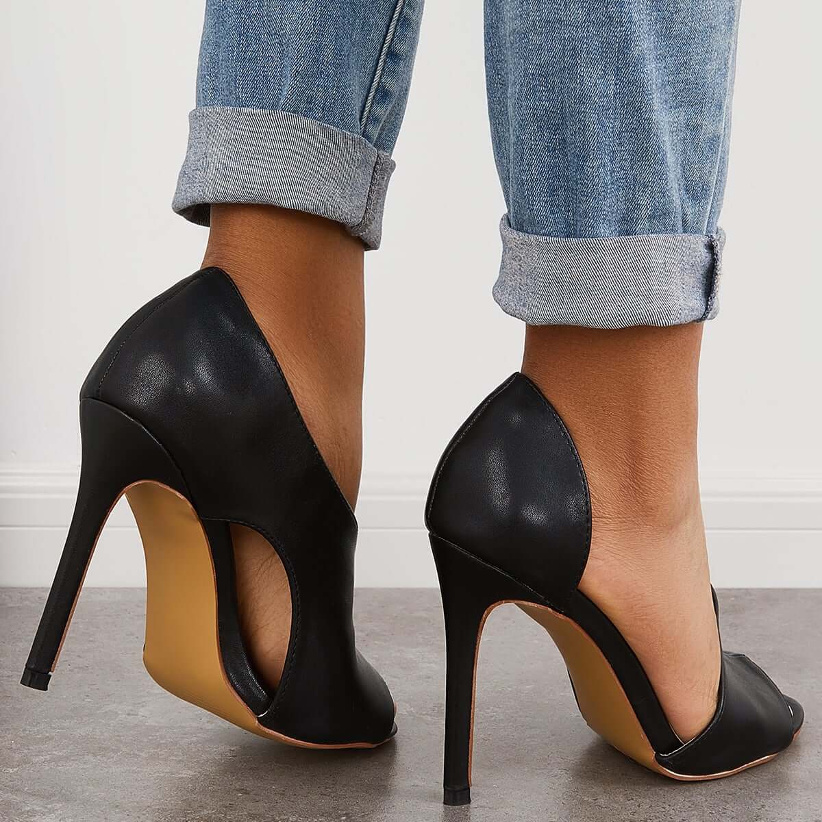 Black Cut Out Stiletto High Heels Peep Toe Dress Pumps Pairmore