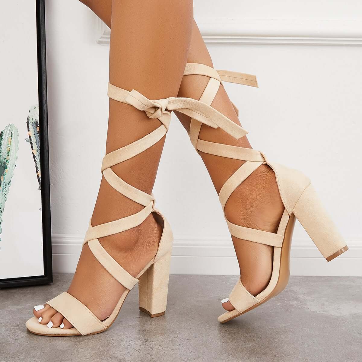Chunky Block High Heels Lace Up Ankle Strap Sandals Pairmore