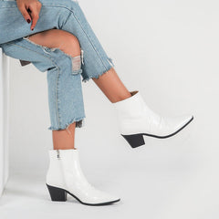 Square-Toe High-Heel Stone Pattern PU Leather Ankle Boots Side Zipper Western Boots Newgew