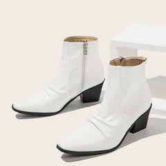 Square-Toe High-Heel Stone Pattern PU Leather Ankle Boots Side Zipper Western Boots Newgew