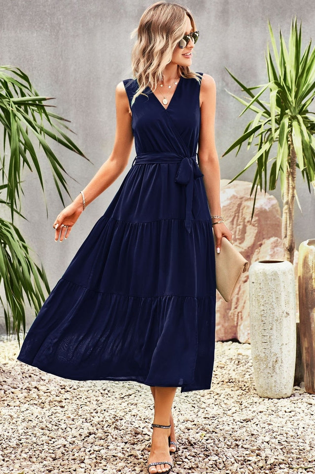 Tie-Waist Side Split Surplice Dress Newgew