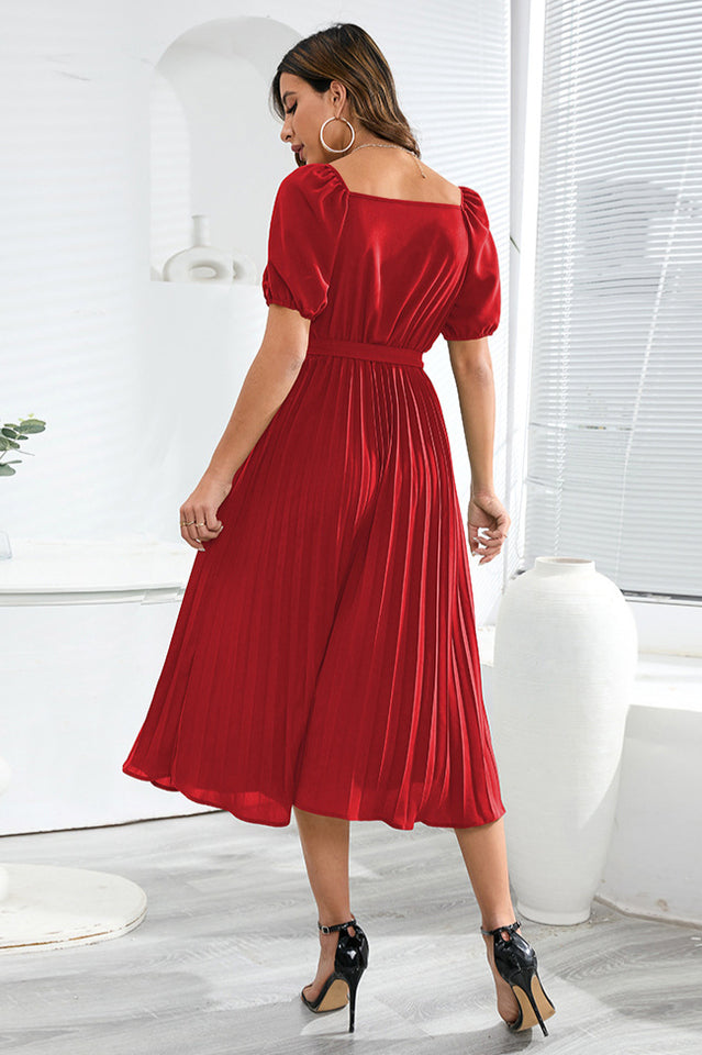 V-Neck Pleated Tie-Waist Midi Dress Newgew