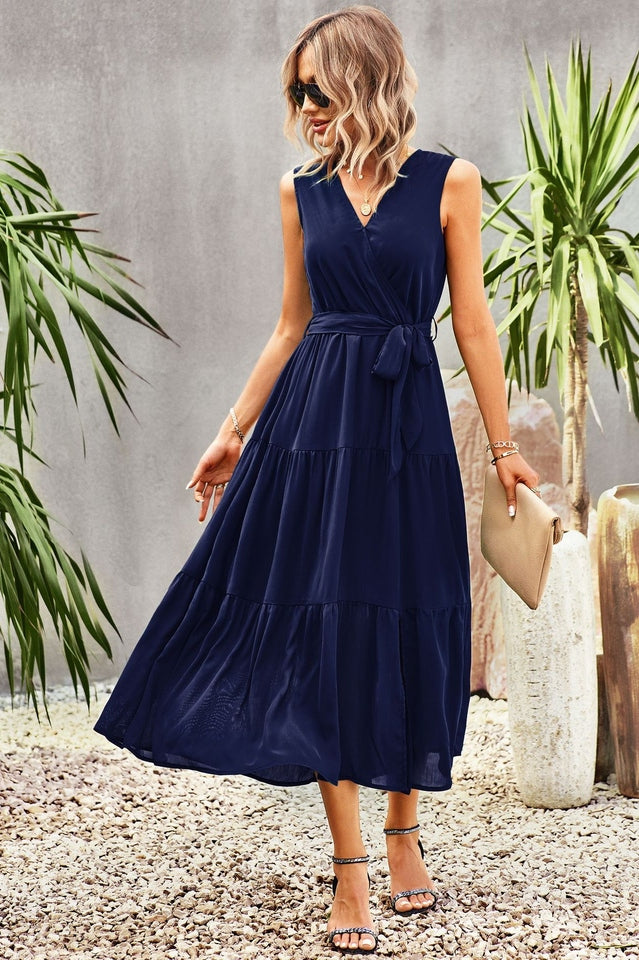 Tie-Waist Side Split Surplice Dress Newgew