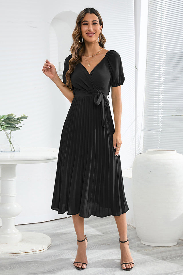 V-Neck Pleated Tie-Waist Midi Dress Newgew