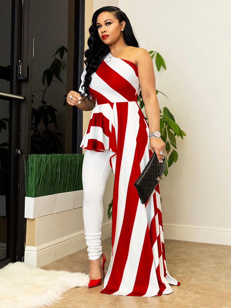 One Shoulder  Stripe High Low Hem Maxi Dresses Newgew