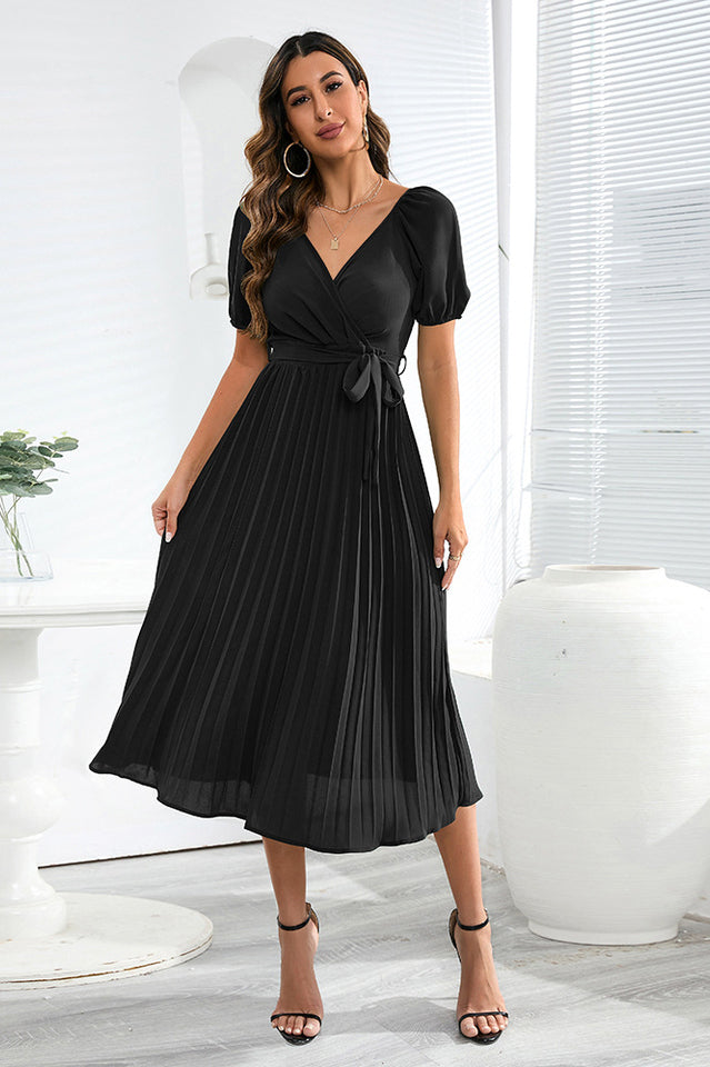 V-Neck Pleated Tie-Waist Midi Dress Newgew