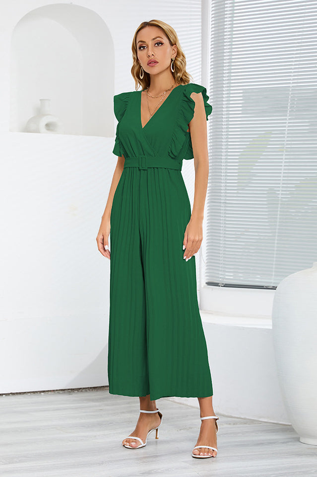 V-Neck Pleats Belted Jumpsuit Newgew