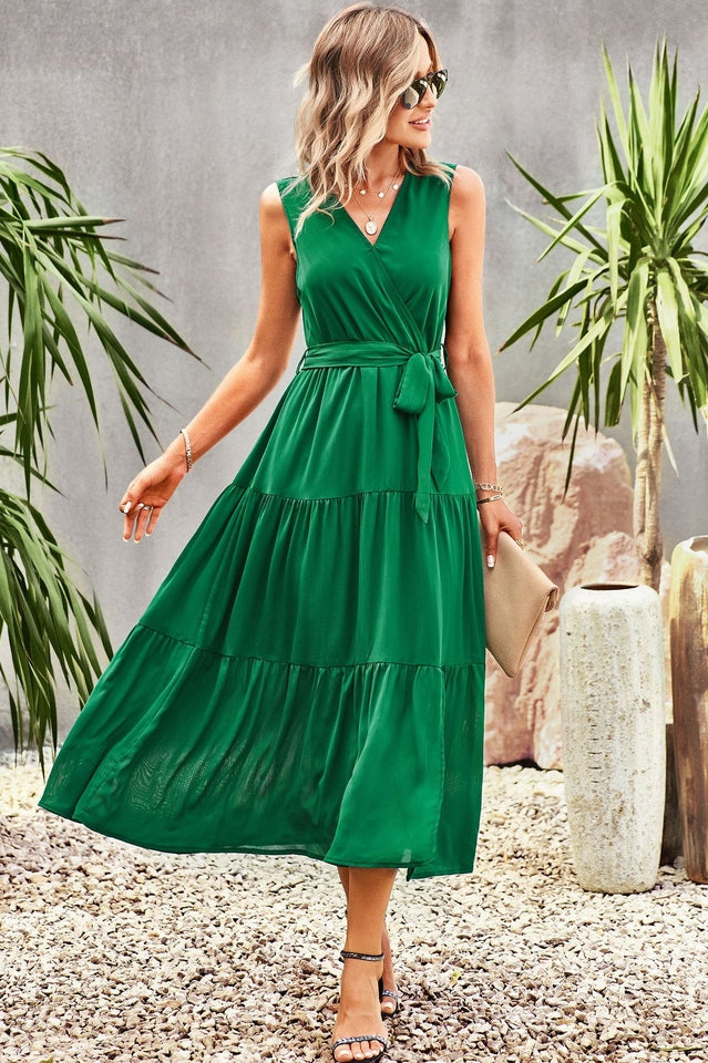 Tie-Waist Side Split Surplice Dress Newgew