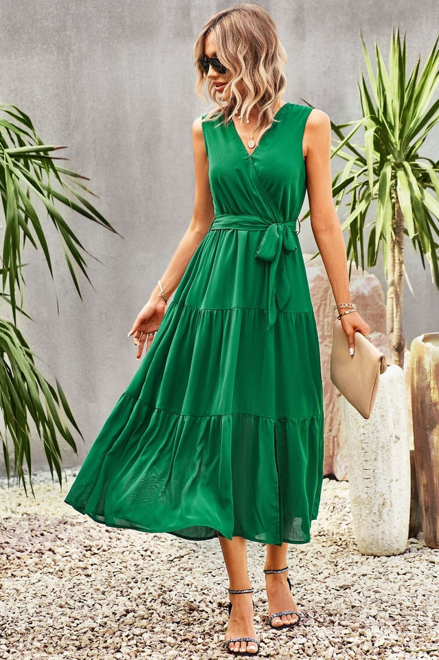 Tie-Waist Side Split Surplice Dress Newgew