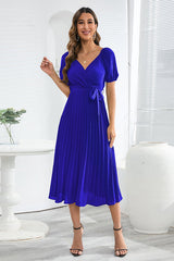 V-Neck Pleated Tie-Waist Midi Dress Newgew