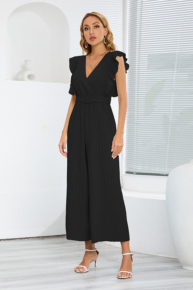 V-Neck Pleats Belted Jumpsuit Newgew