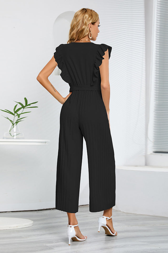 V-Neck Pleats Belted Jumpsuit Newgew