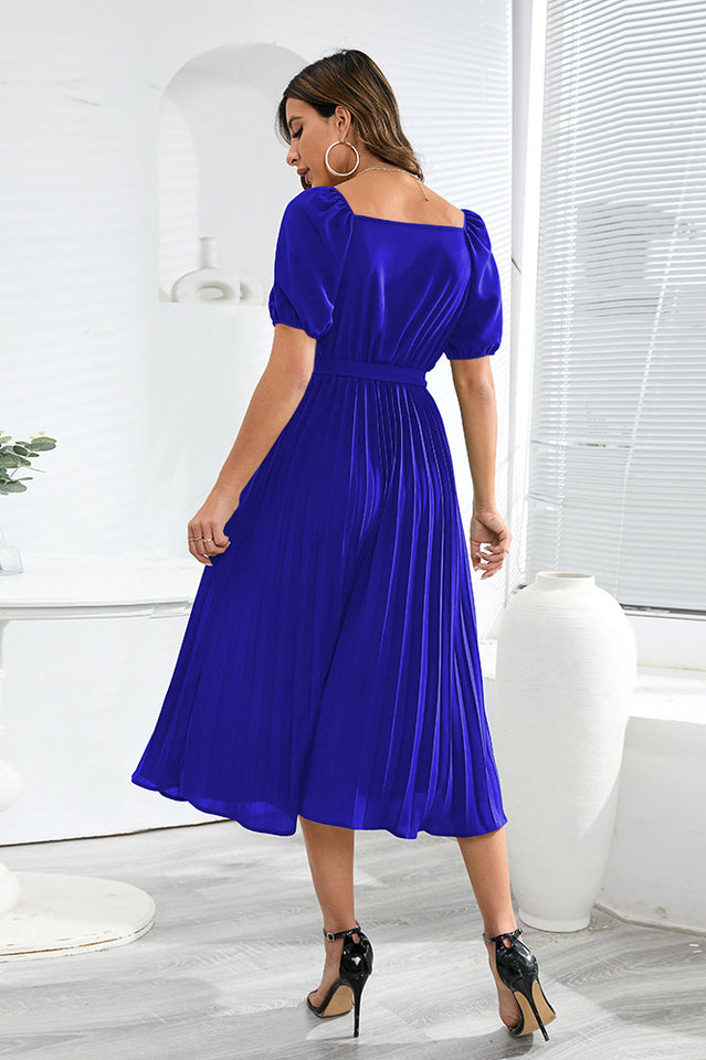 V-Neck Pleated Tie-Waist Midi Dress Newgew