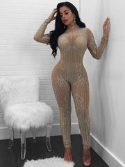 One Piece Glitter Mesh Rhinestone Bodycon Jumpsuits Newgew