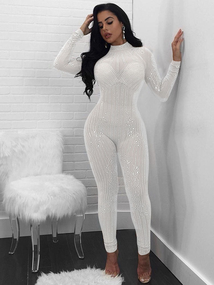 One Piece Glitter Mesh Rhinestone Bodycon Jumpsuits Newgew