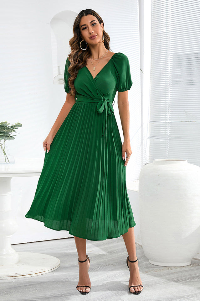 V-Neck Pleated Tie-Waist Midi Dress Newgew