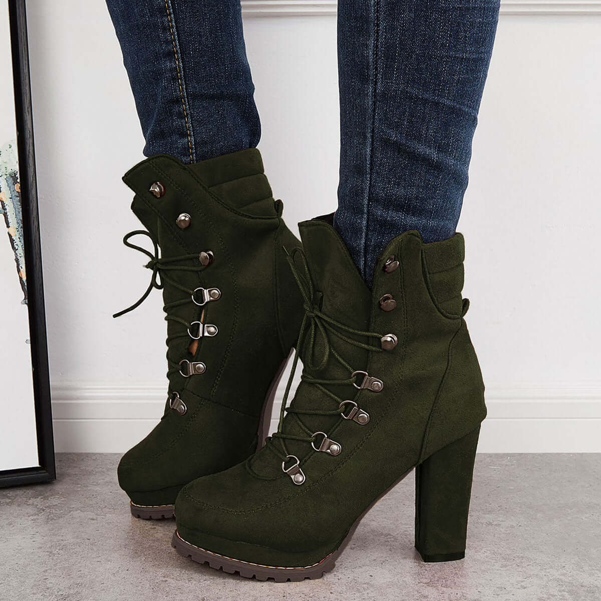 Non Slip Chunky Platform High Heels Lace Up Ankle Boots Pairmore