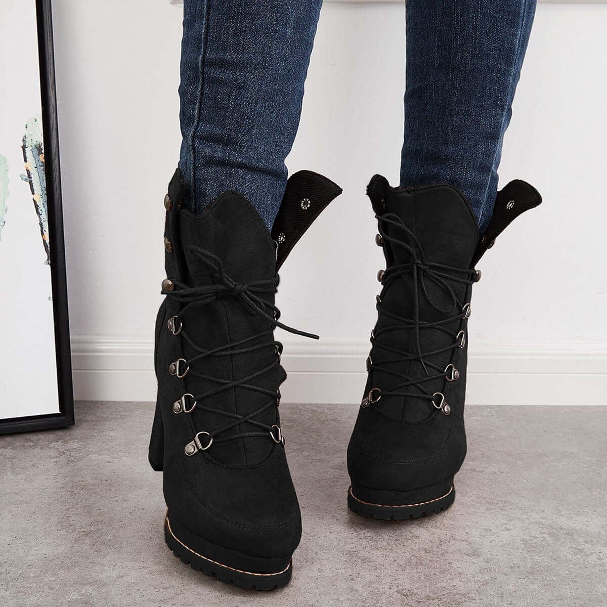 Non Slip Chunky Platform High Heels Lace Up Ankle Boots Pairmore