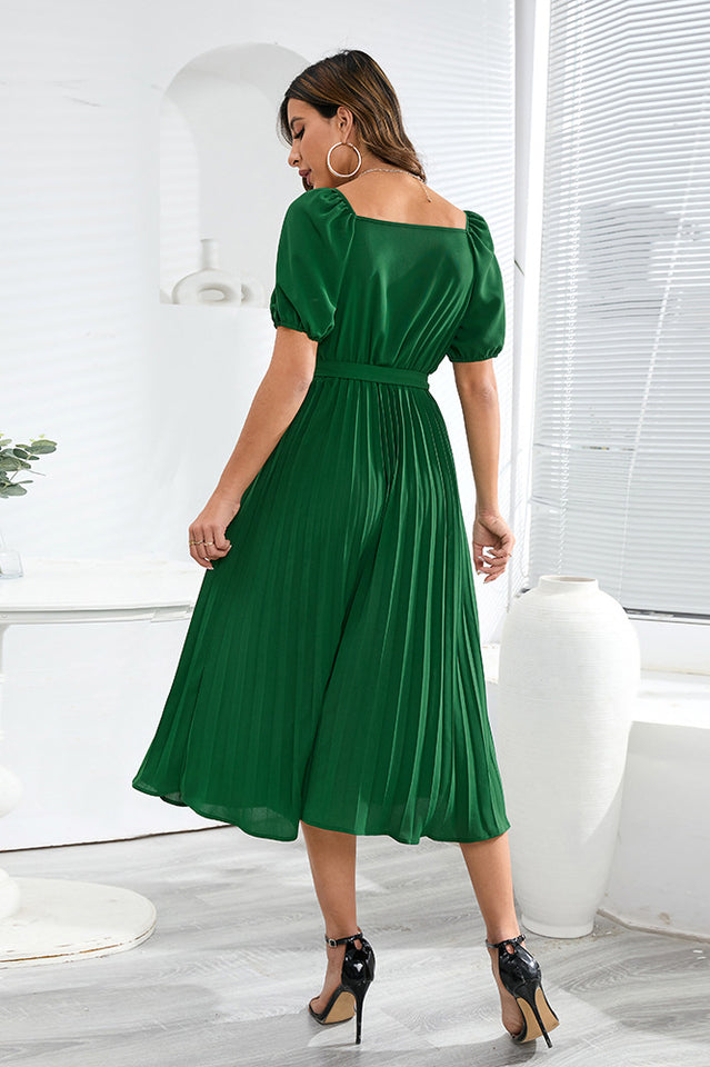 V-Neck Pleated Tie-Waist Midi Dress Newgew