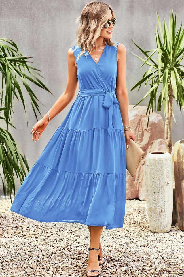 Tie-Waist Side Split Surplice Dress Newgew