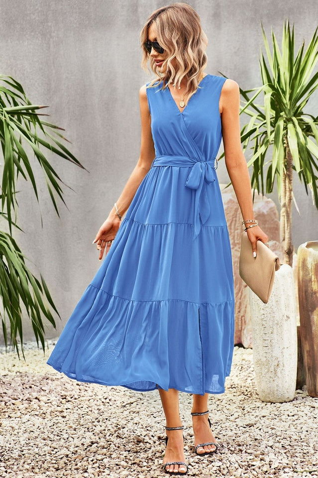 Tie-Waist Side Split Surplice Dress Newgew