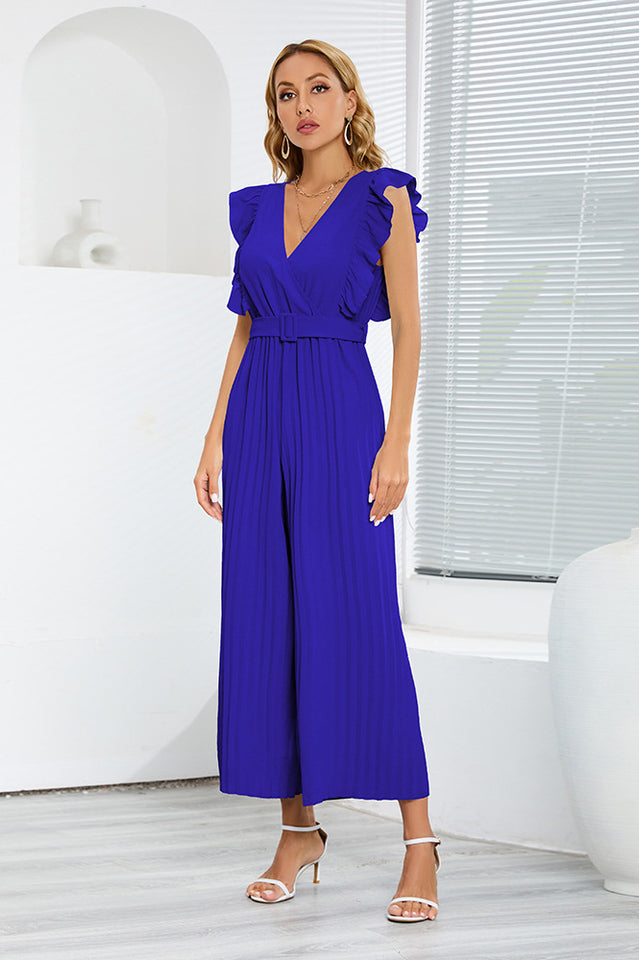 V-Neck Pleats Belted Jumpsuit Newgew