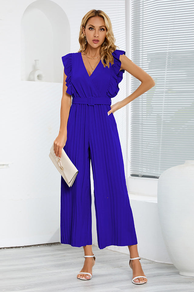 V-Neck Pleats Belted Jumpsuit Newgew