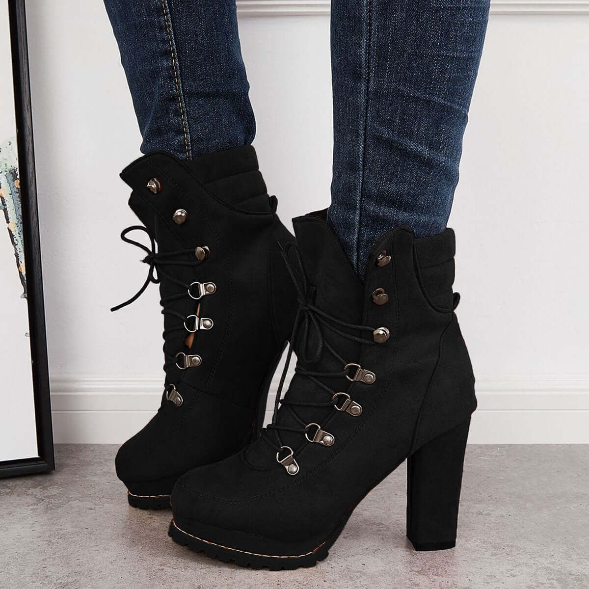 Non Slip Chunky Platform High Heels Lace Up Ankle Boots Pairmore