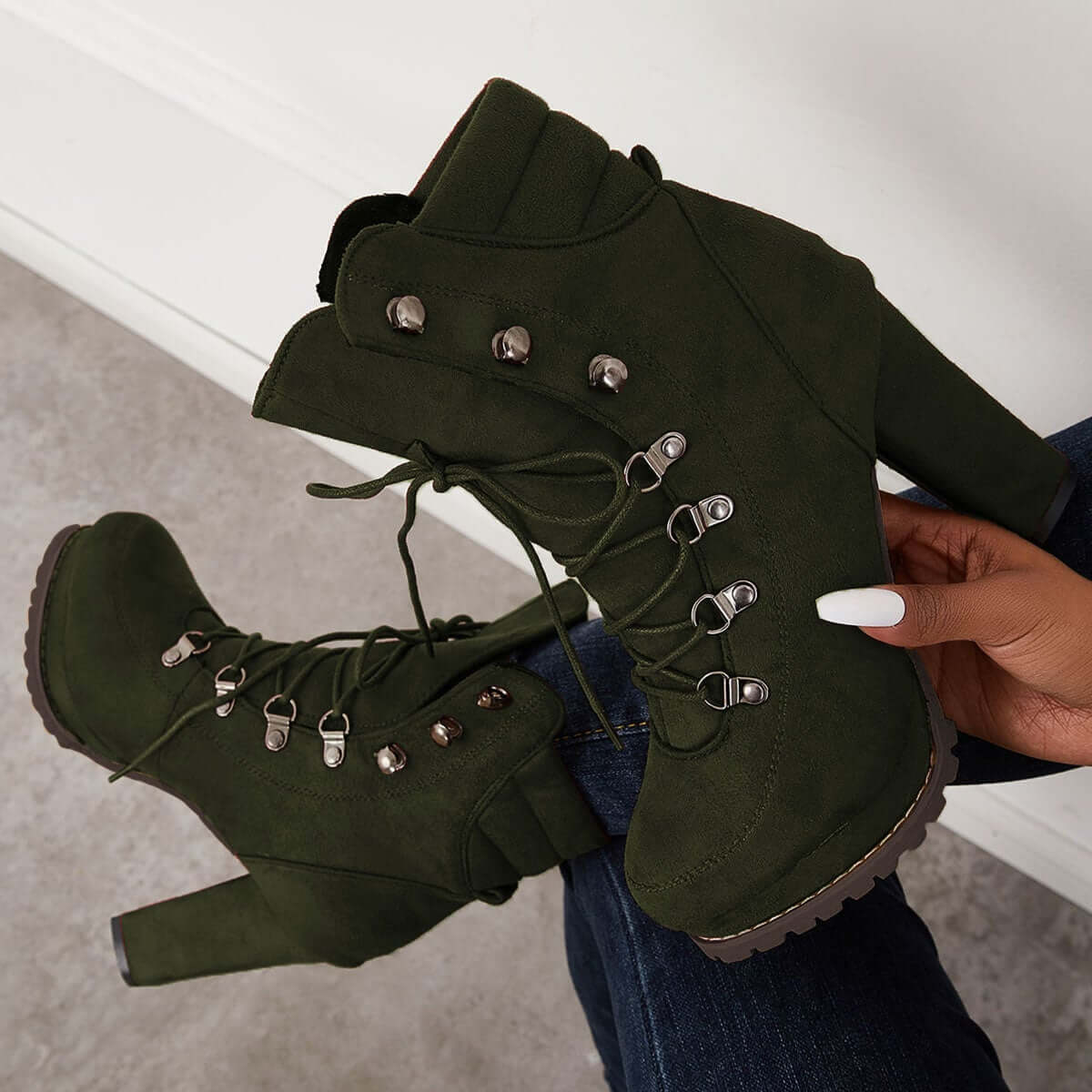 Non Slip Chunky Platform High Heels Lace Up Ankle Boots Pairmore