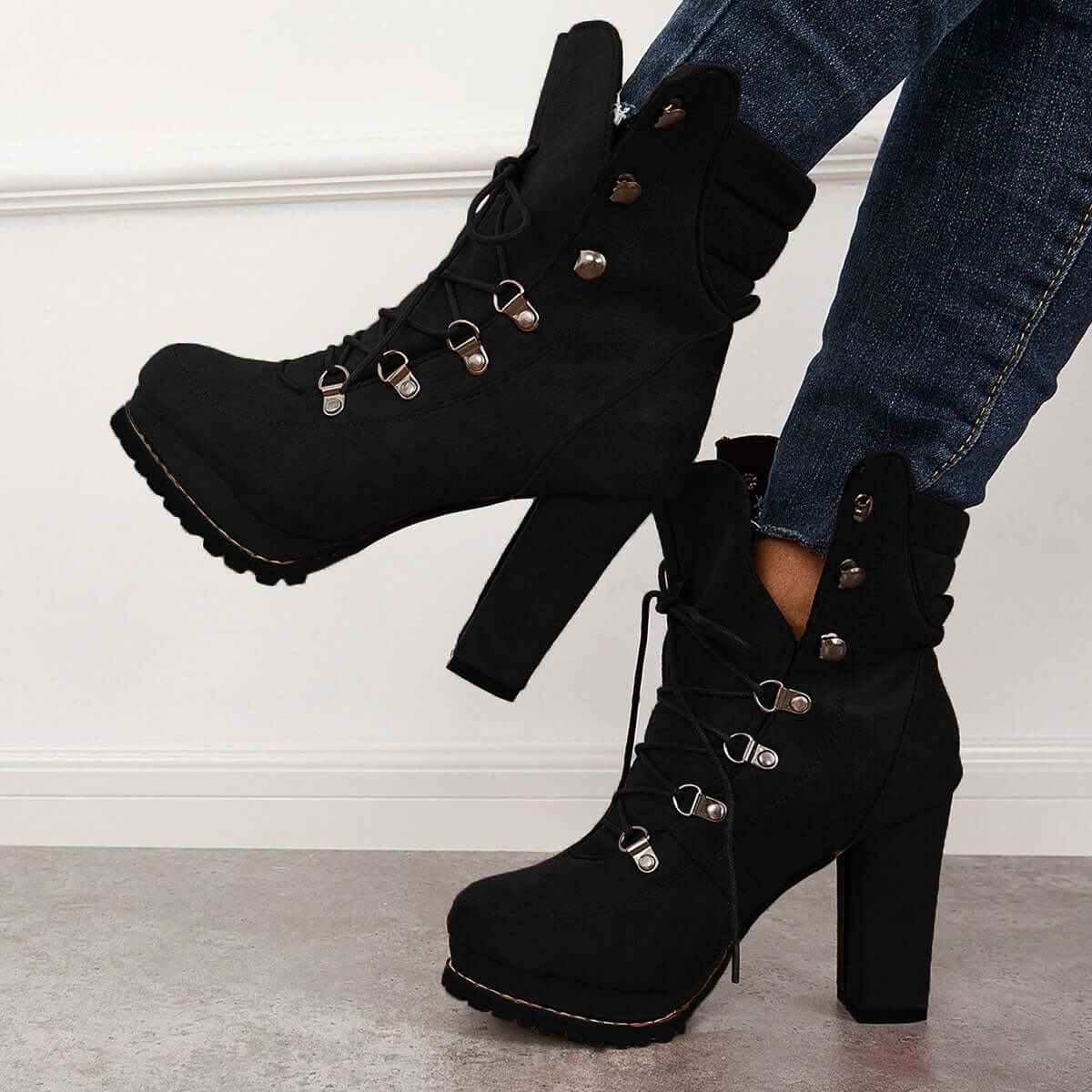 Non Slip Chunky Platform High Heels Lace Up Ankle Boots Pairmore